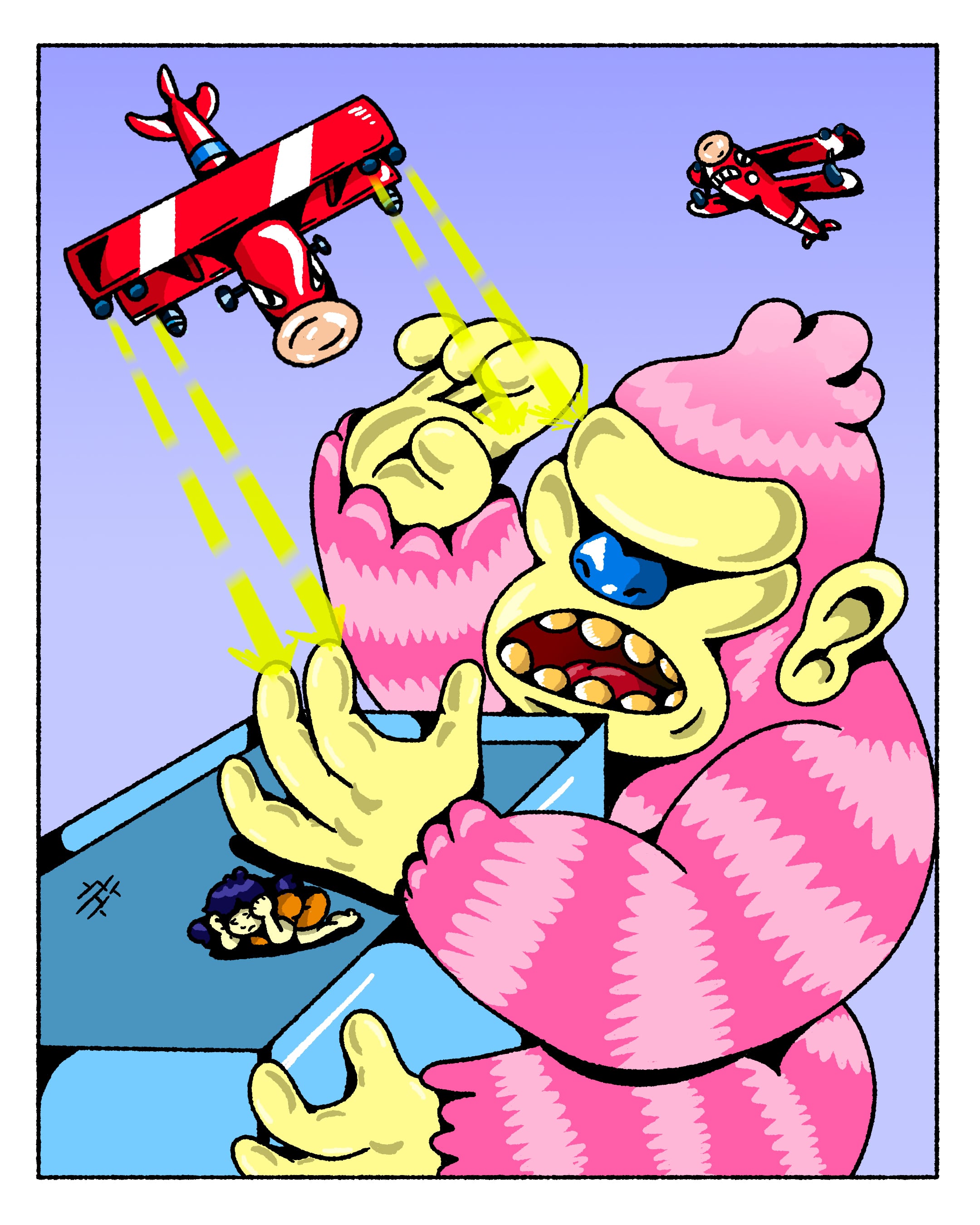 Pink King Kong combating planes on a building Illustration